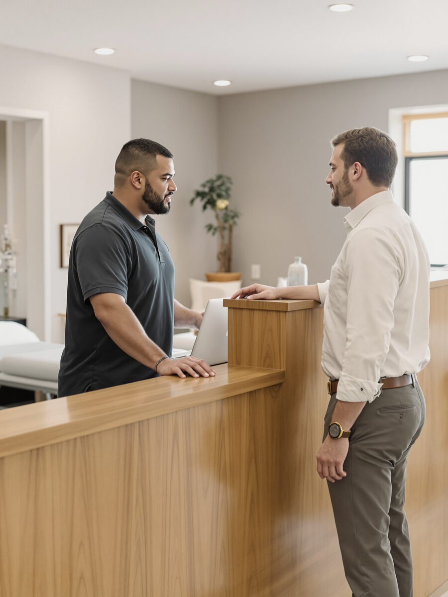 A practice owner and a growth partner in conversation across the reception counter over an open laptop