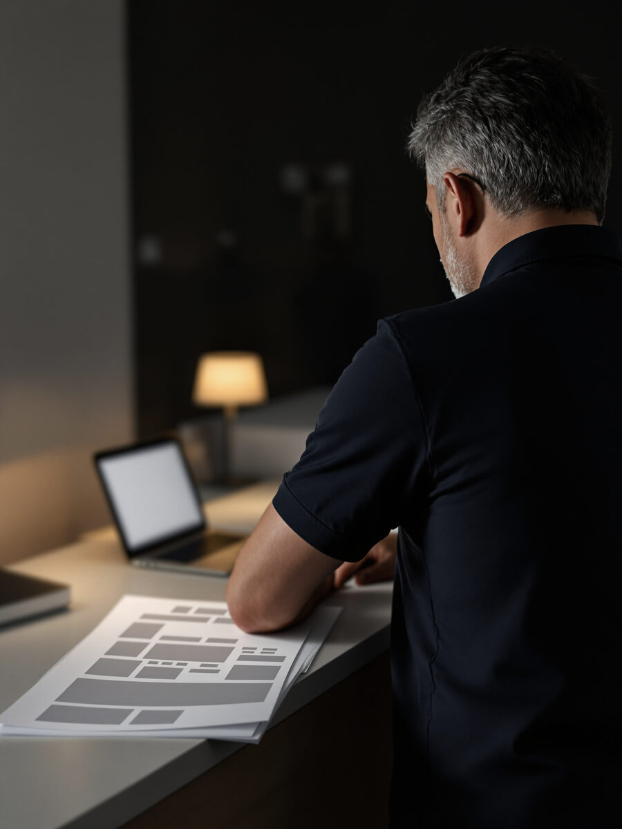 A clinic owner in a navy polo reviewing printed website wireframes at the reception counter after hours