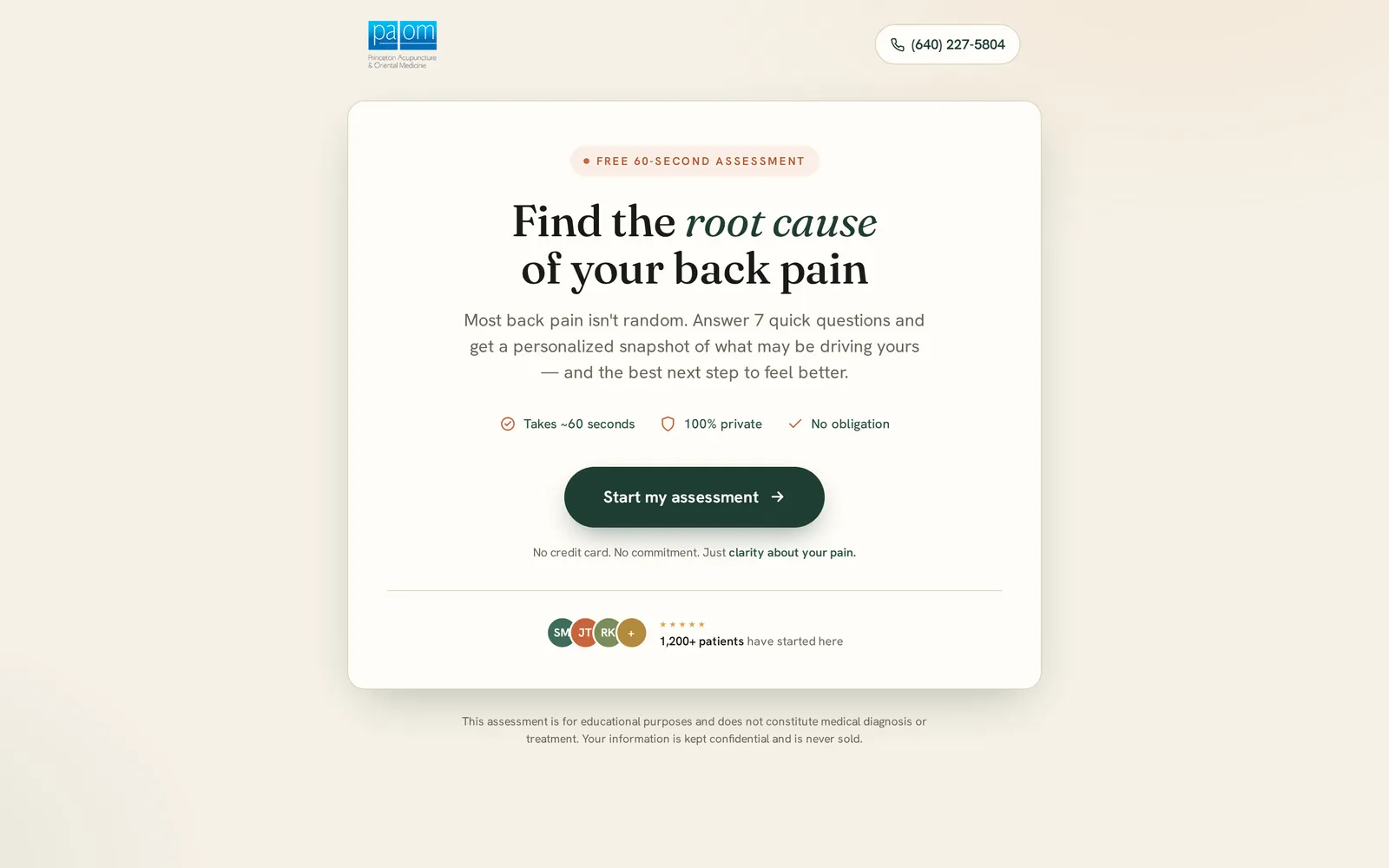 The Princeton Acupuncture digital back-pain assessment that replaced Meta instant forms: "Find the root cause of your back pain"