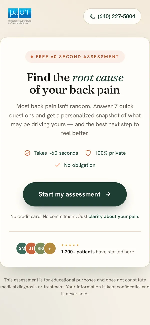 The same assessment landing page on a phone, where most Meta traffic arrives