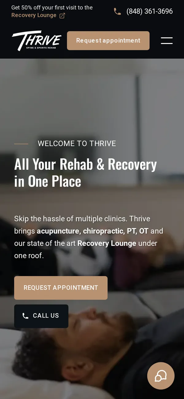 The same Thrive homepage on a phone, with request-appointment and call buttons above the fold