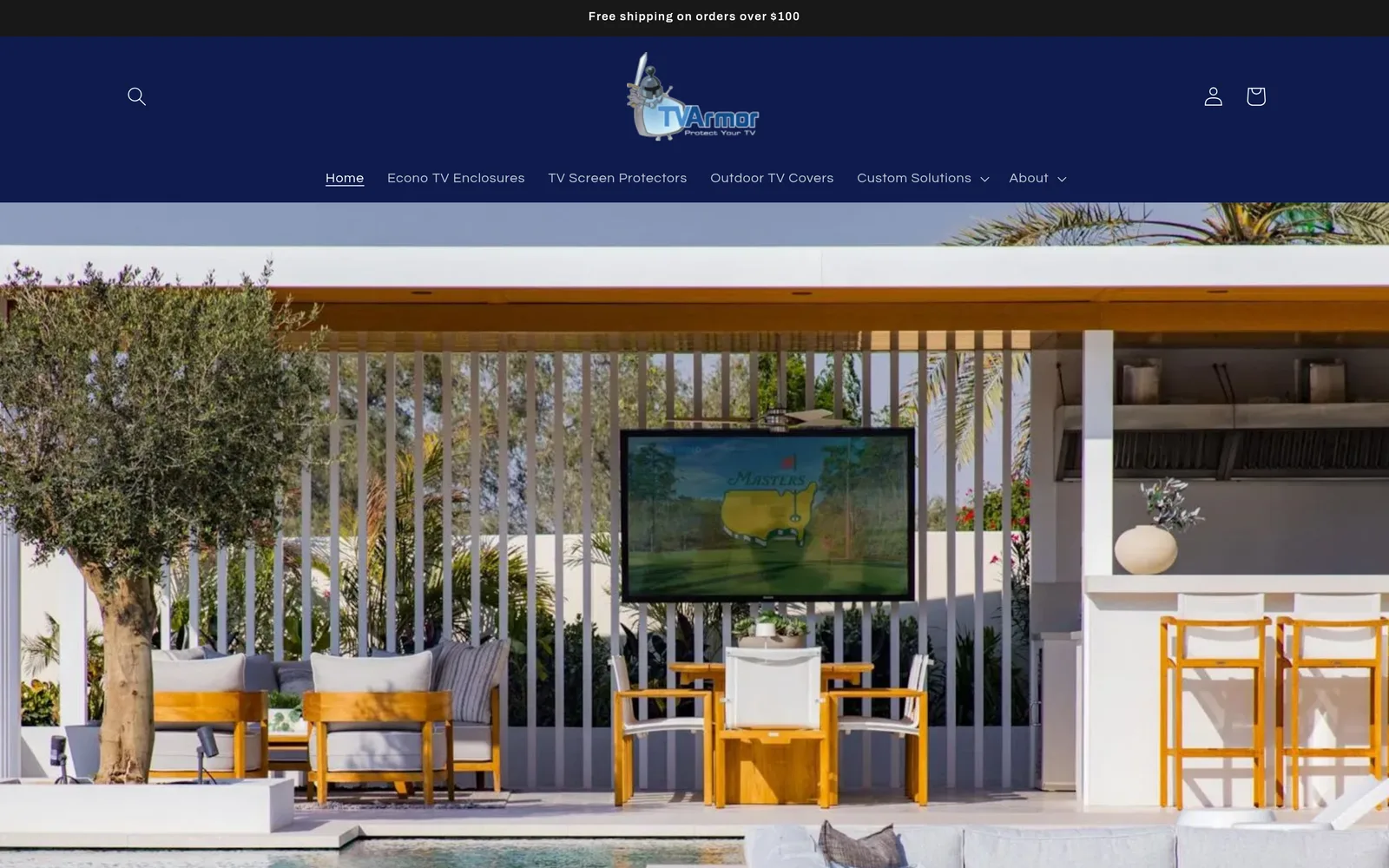 The TV Armor Shopify store we built: an outdoor TV in a poolside cabana under a menu of TV enclosures, screen protectors and outdoor covers