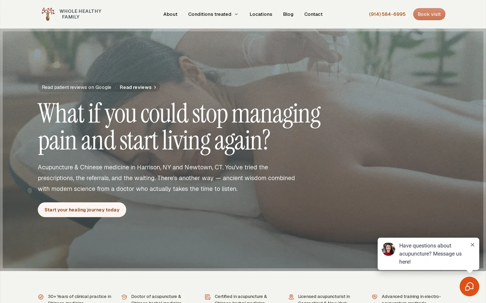 The Whole Healthy Family homepage we designed and built: a patient receiving acupuncture under the headline "What if you could stop managing pain and start living again?"